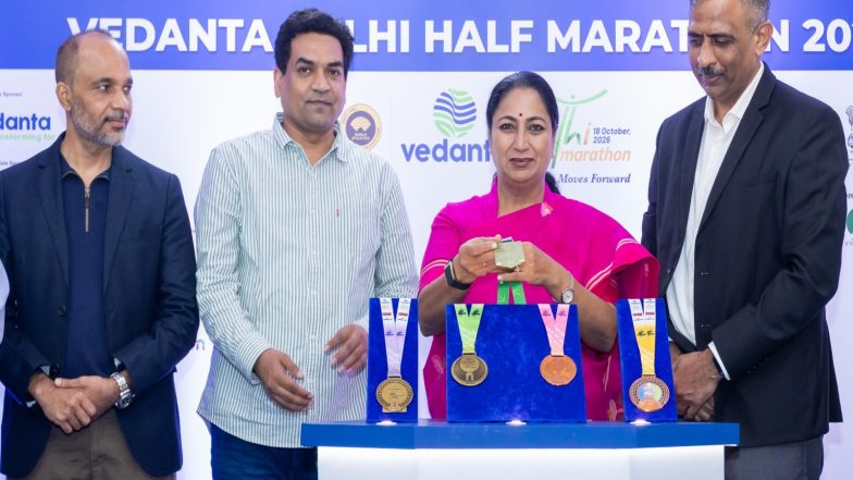 Sports News | CM Rekha Gupta Unveils Vedanta Delhi Half Marathon 2026 Finisher’s Medal