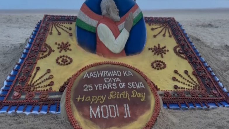 Entertainment News | Sudarsan Pattnaik Creates 25-foot Sand Art with 2,500 Diyas for PM Modi’s 76th Birthday