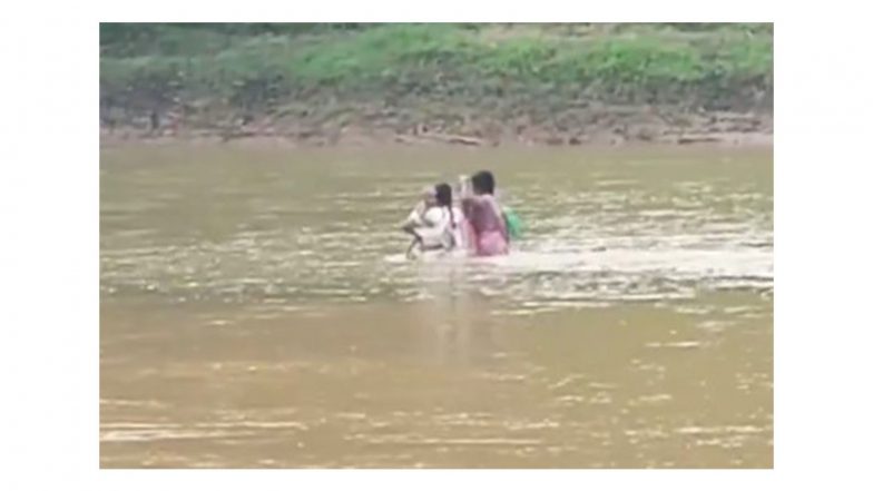 India News | Carrying an Infant, Chhattisgarh Teacher Wades Through Swollen River Carrying Infant to Teach in Cut-off Village