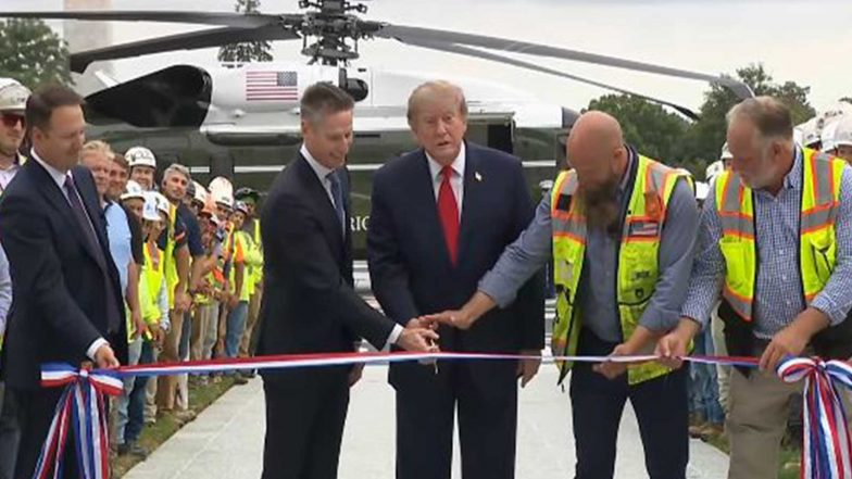 World News | Trump Inaugurates New White House South Lawn Helipad, Departs on Marine One for First-ever Flight from Newly Built Facility