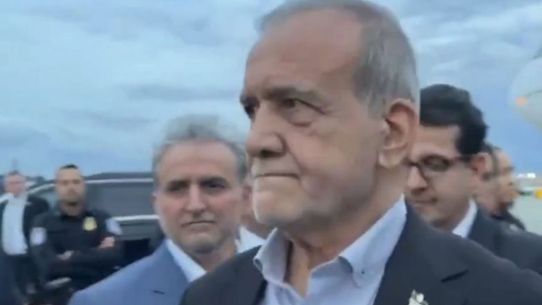World News | Iran's President Pezeshkian Arrives in New York for UNGA as Trump Threatens to ‘annihilate’ Islamic Republic