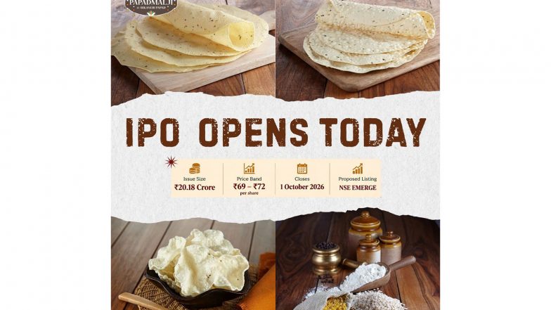 Business News | Backed by Seasoned Investors, Papadmalji Agro Foods Limited’s ₹20.18 Crore SME IPO Opens Today; Price Band Set at ₹69–72 Per Share