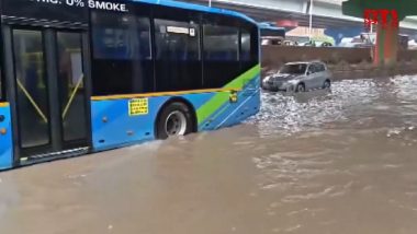 Delhi Rains Turn Roads Into Rivers: DTC Bus, Car Stranded in Severe Waterlogging (Video)