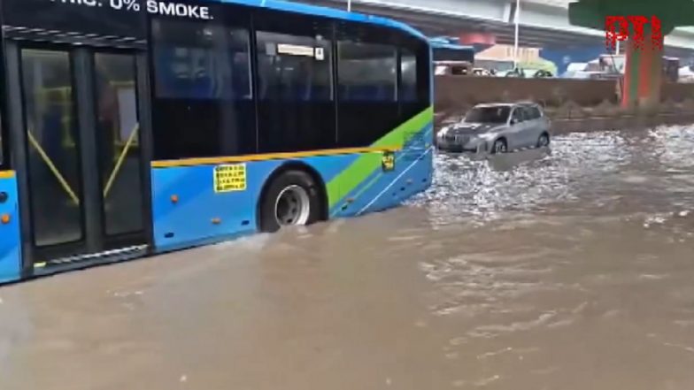 Delhi Rains Turn Roads Into Rivers: DTC Bus, Car Stranded in Severe Waterlogging (Video)