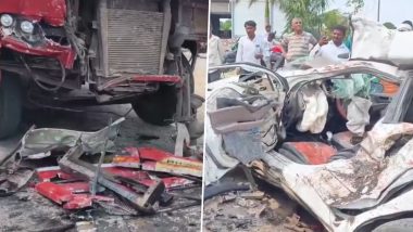 Beed Highway Tragedy: Car Carrying Tuljapur Pilgrims Swerves to Avoid Pothole, Crashes Into MSRTC Bus; 5 Dead (Video)