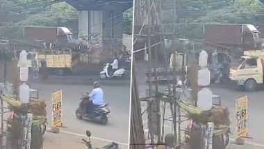 Hyderabad: Businessman Crushed to Death As Overloaded Van Carrying Steel Pipes Overturns on Scooter (Video)