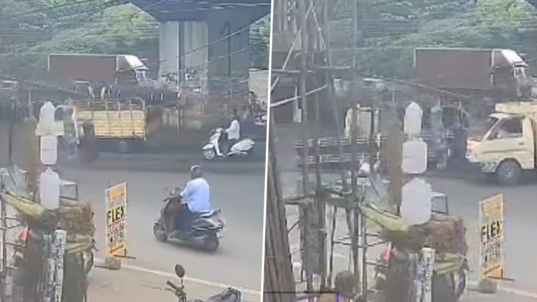 Hyderabad: Businessman Crushed to Death As Overloaded Van Carrying Steel Pipes Overturns on Scooter (Video)