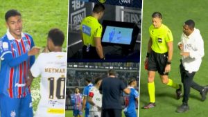 sports-Neymar Sent Off After Covering Mouth in Heated Exchange with Rodrigo Nestor During During Santos vs Bahia Brazilian Serie A Match