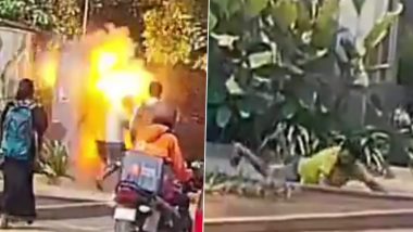 Bengaluru Transformer Blast Video: Man Injured After Transformer Explodes Outside Amazon Office Near Bagalur Cross