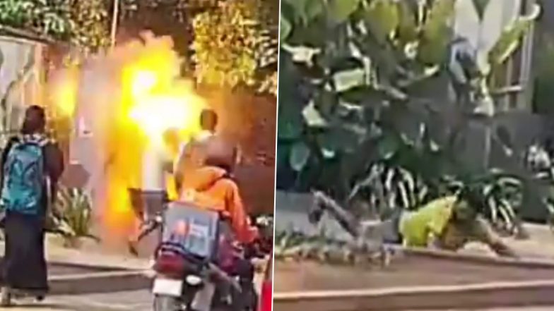 Bengaluru Transformer Blast Video: Man Injured After Transformer Explodes Outside Amazon Office Near Bagalur Cross