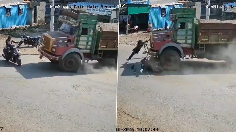 Ahilyanagar Viral Video: Girl Riding Scooter Narrowly Escapes Death by Clinging to Truck Bumper After Collision