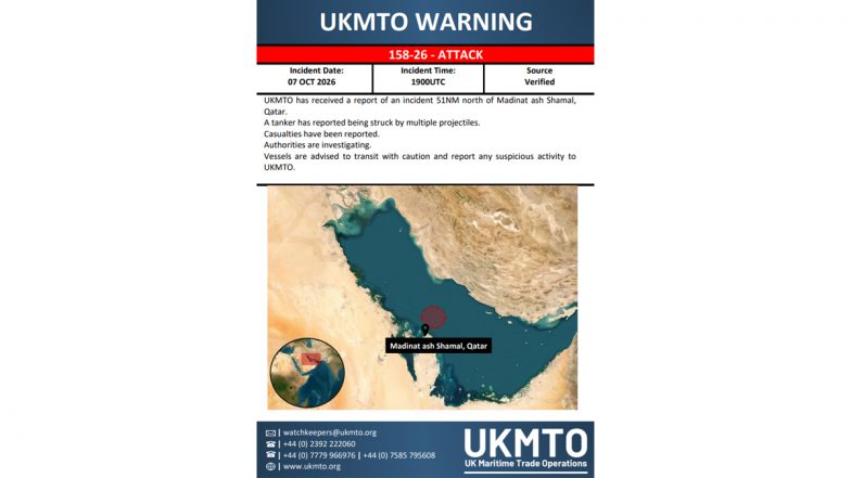 Tanker Struck by Multiple Projectiles North of Qatar, Casualties Reported: UKMTO