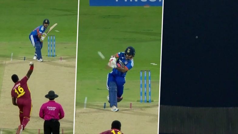 Ishan Kishan Six Video: Watch Indian Batter Smash Massive Six Out of the Ground Off Romario Shepherd During IND vs WI 5th T20I 2026