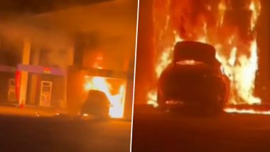 Karnataka Car Fire: Vehicle Catches Fire After Hitting Petrol Pump While Reversing in Attibele (Video)