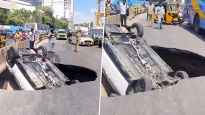 social-viral-Chennai OMR Sinkhole: Car Trapped in Deep Crater Near Metro Work Site in Thiruvanmiyur (Video)