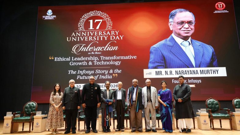 Business News | Ideas and Enterprise Can Create Jobs in India to Make It a Developed Country: Infosys Founder N.R. Narayana Murthy at JGU’s 17th University Day