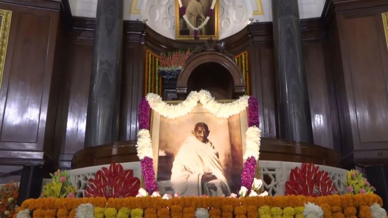 India News | PM Modi, Top Leaders Pay Floral Tribute to Mahatma Gandhi at Samvidhan Sadan on Gandhi Jayanti