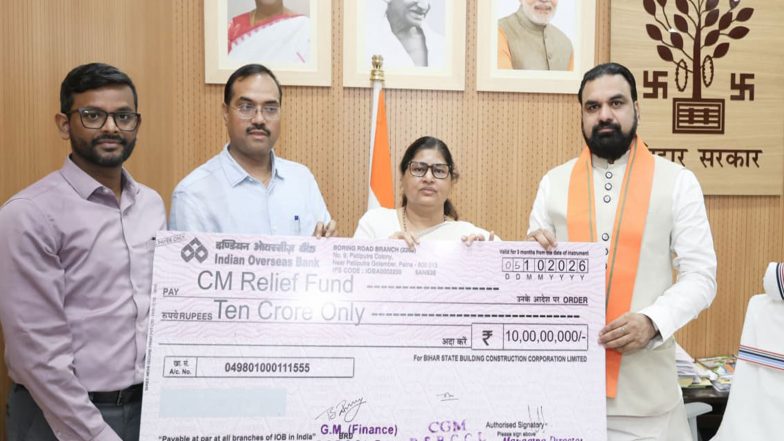 India News | Bihar Building Construction Corporation Presents ₹10 Crore Cheque to CM Samrat Choudhary for Flood Relief Fund