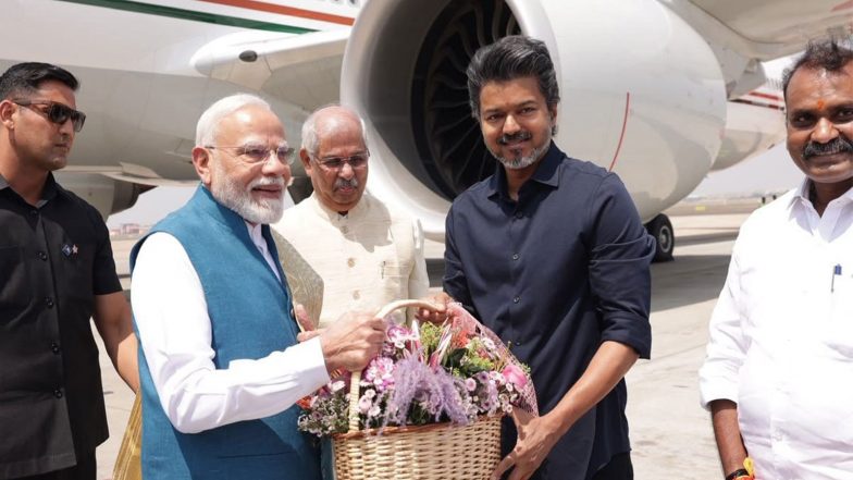India News | PM Modi Arrives in Chennai, Received by TN CM Vijay; to Inaugurate Development Projects Worth over Rs 13,000 Crore