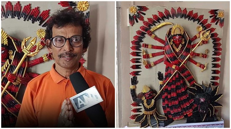 Entertainment News | Durga Puja 2026: Assam Artist Creates Six-foot Durga Idol Using 7,000 Discarded Pens 