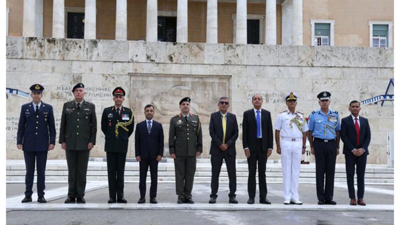 World News | Defence Secretary RK Singh Begins Greece Visit, Lays Wreath at Tomb of Unknown Soldier in Athens
