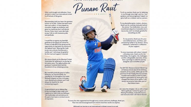 Sports News | Indian Batter Punam Raut Announces Retirement from International Cricket