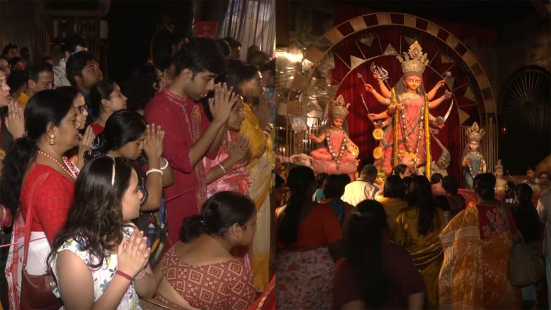 Entertainment News | Devotees Participate in Sacred Maha Ashtami Pushpanjali at Kolkata’s Kendua Shanti Sangha Durga Puja Pandal
