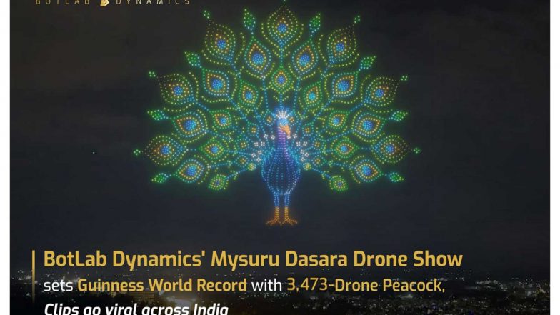 Business News | Mysuru Dasara Drone Shows by BotLab Dynamics Sets Guinness World Record with a Spectacular 3,473-Drone Peacock