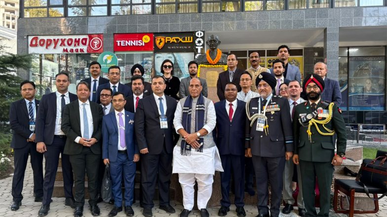 World News | Rajnath Singh Pays Floral Tributes to Mahatma Gandhi in Tajikistan's Dushanbe