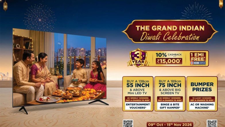 Business News | TCL Announces ‘The Grand Indian Diwali Celebration’ with Up to ₹15,000 Cashback, 3-Year Warranty* and a Chance to Win ACs and Washing Machines