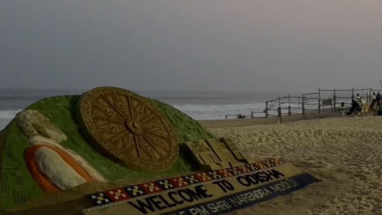India News | Sudarsan Pattnaik Creates Sand Sculptures to Welcome PM Modi Ahead of RBI Data Centre Inauguration in Odisha