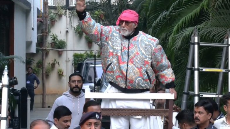 Entertainment News | Amitabh Bachchan Greets Fans Outside Jalsa Amid Heavy Security; Son Abhishek Bachchan Joins 