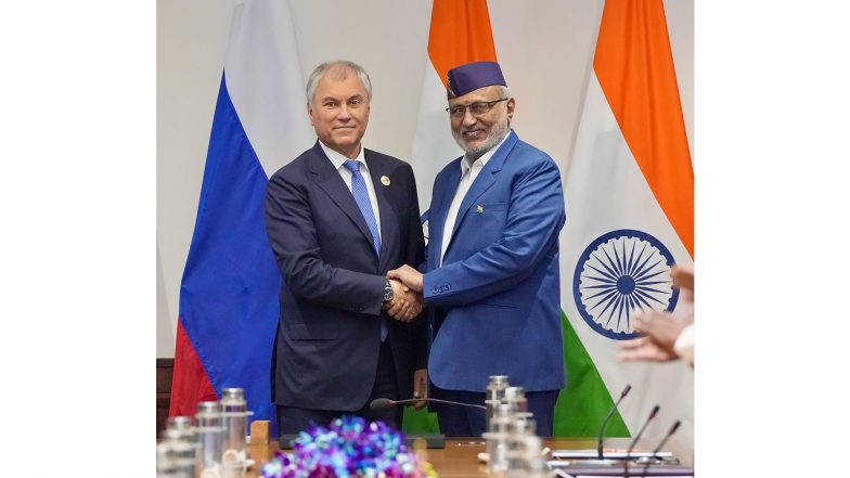 World News | VP Radhakrishnan Meets Russian Duma Chairman Volodin, Discusses Strengthening Parliamentary Cooperation at BRICS Forum